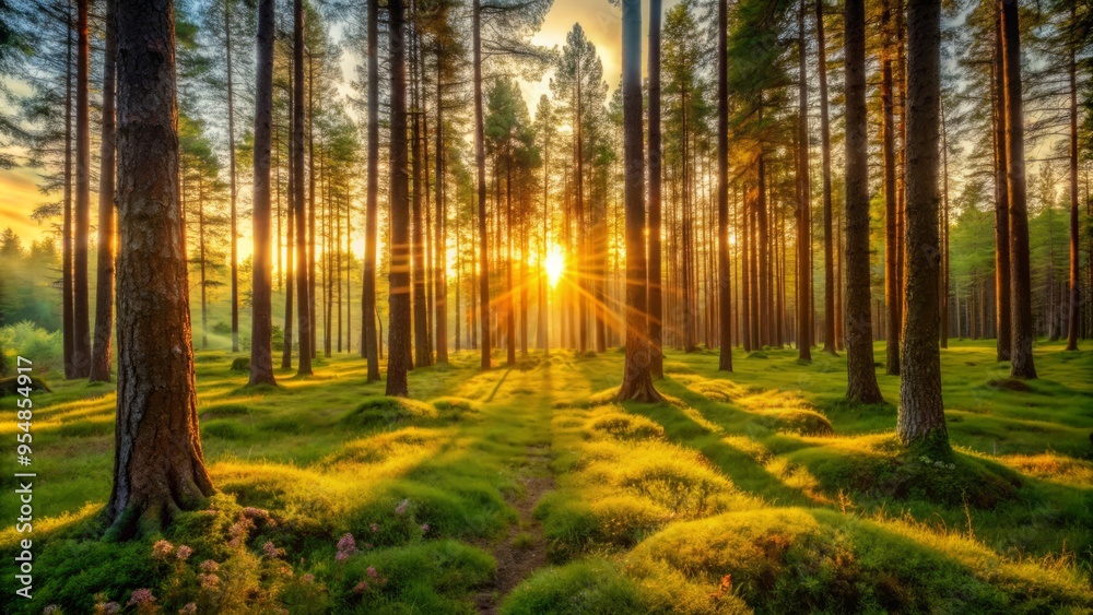 Fototapeta premium Capture the soft, warm light of a sunset over a forest where the viewer is immersed in the serene, peaceful atmosphere of the forest at dusk.