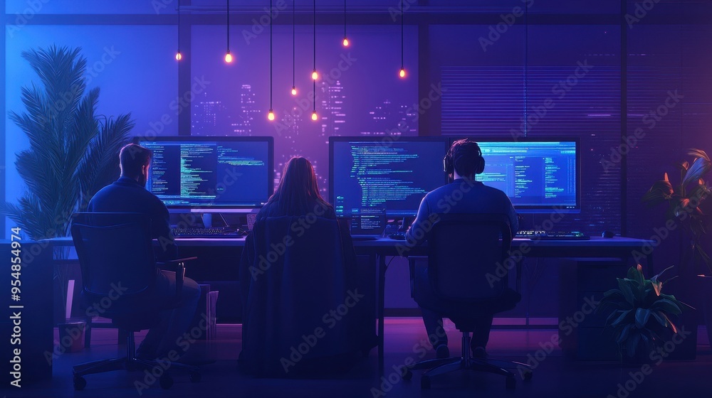 Coding Team at Work in Neon-Lit Office Workspace Coding Team at Work in Neon-Lit Office Workspace
