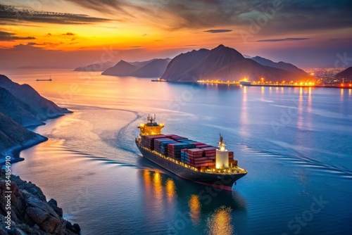 Persian Gulf in June, a stunning low-light shot of a cargo ship navigating through the busy Strait of Hormuz, with the Iranian coastline in the background. photo