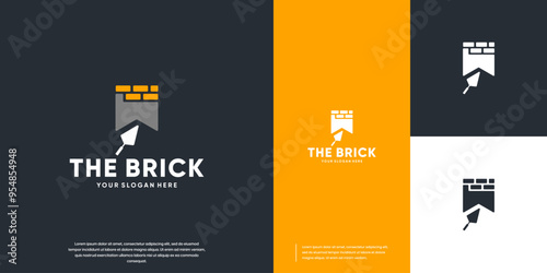 shovel and brick house logo, construction building, modern abstract, graphic vector template.