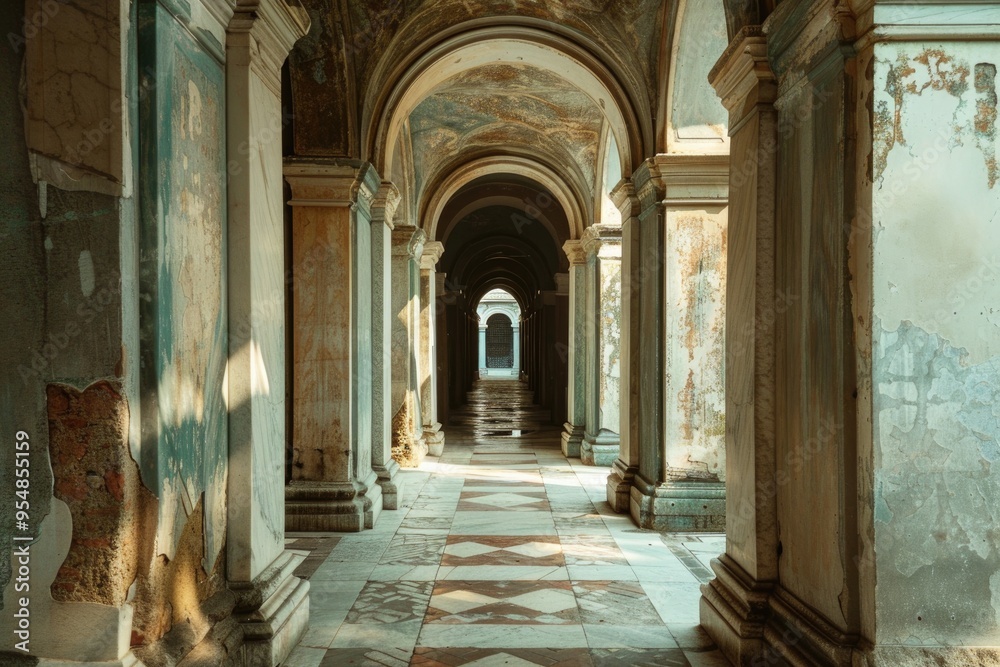 Sunlit Arched Hallway of Abandoned Historic Building Showcasing Faded Walls and Ornate Architecture Sunlit Arched Hallway of Abandoned Historic Building Showcasing Faded Walls and Ornate Architecture