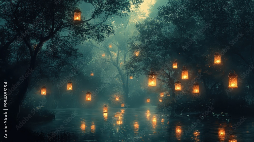 Obraz premium Enchanting Foggy Forest River Scene with Glowing Lanterns and Reflections.