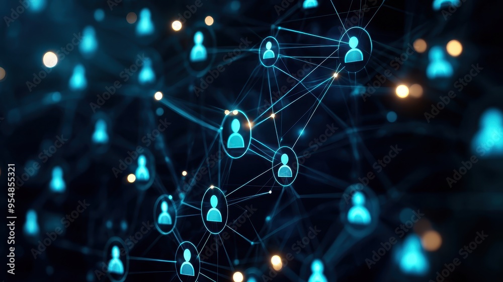 A digital network of users connected through glowing nodes and lines, symbolizing online communication and social interaction.