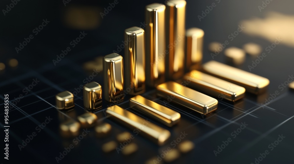 3D bar graph with gold bars, representing financial success, dark luxury background 3D bar graph with gold bars, representing financial success, dark luxury background