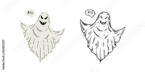 Hand drawn sketch and flat style ghost isolated on white background. Scary white ghost. Happy Halloween. Cute vintage spooky character.  Vector illustration for posters, decoration and print.
