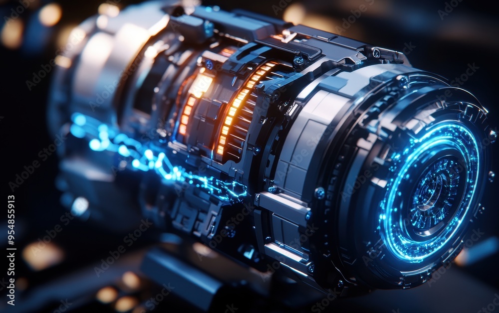 Futuristic Electric Car Engine Closeup with Glowing Blue Lights and Details. Futuristic Electric Car Engine Closeup with Glowing Blue Lights and Details.