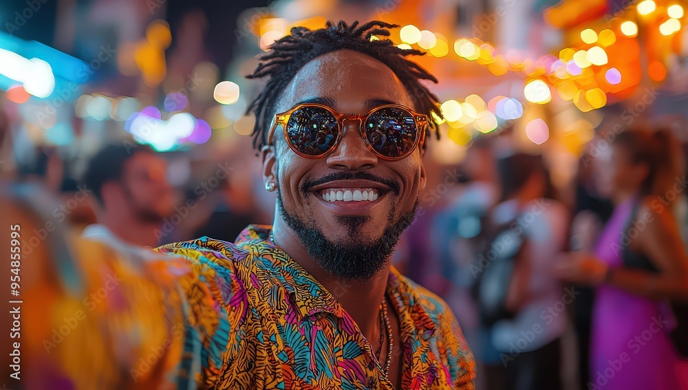 Handsome man taking a selfie at a music festival, with a crowd in the background. Handsome man taking a selfie at a music festival, with a crowd in the background.