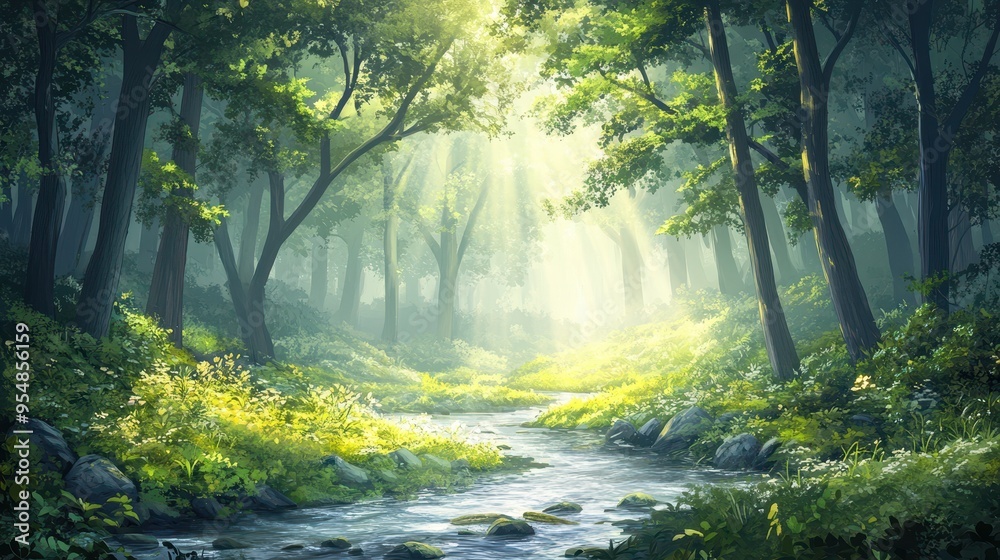 Fototapeta premium Sunbeams Through Forest Canopy with Stream and Green Foliage.