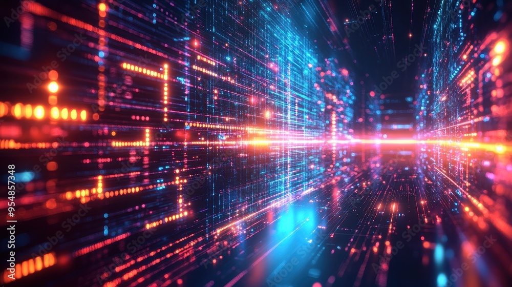 Fototapeta premium Abstract Digital Data Stream with Neon Lights, Futuristic Technology Background.