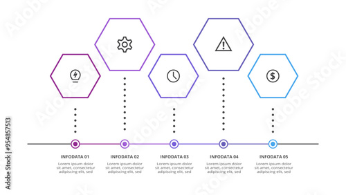 Line Infographics. Template for growth chart, graph, presentation, chart. Business startup lamp concept with 5 options, parts, steps, processes.