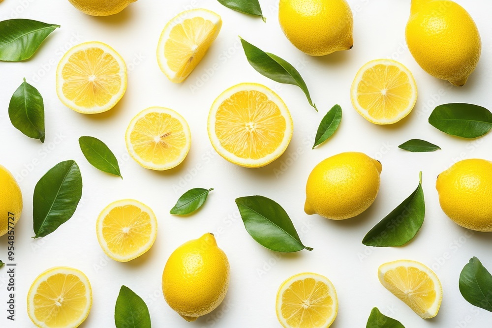 A vibrant and fresh composition featuring whole lemons, lemon slices, and green leaves, all seemingly A vibrant and fresh composition featuring whole lemons, lemon slices, and green leaves, all seemingly