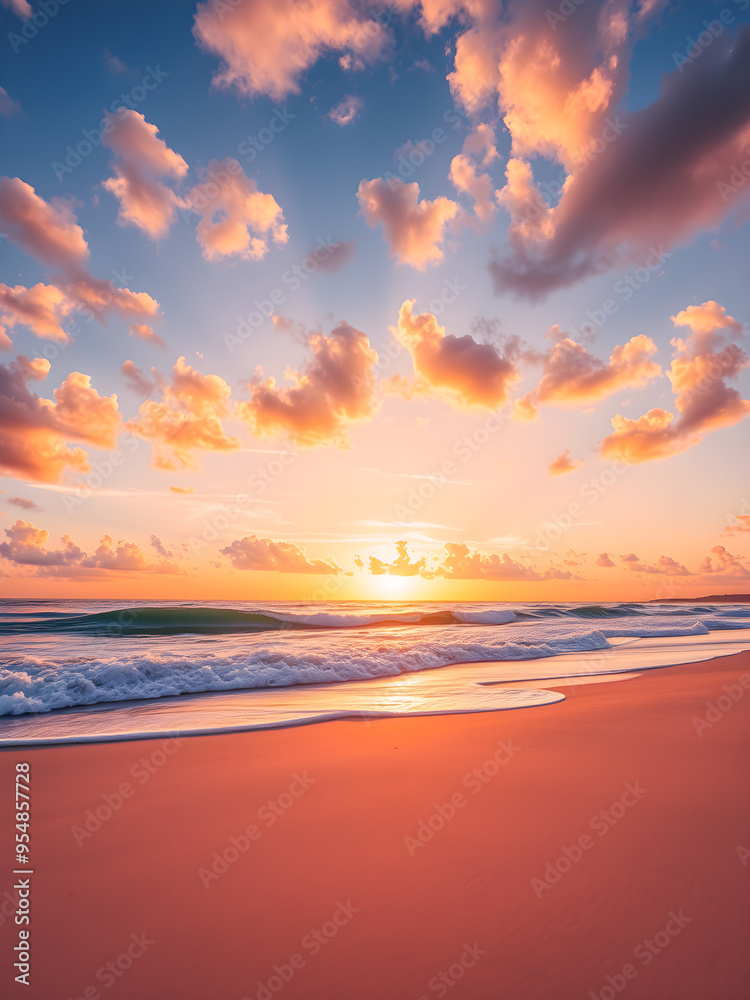 Fototapeta premium Summer closeup sunset sea sky landscape. Colorful ocean beach sunrise. Beautiful beach reflections calm waves soft sandy. Perfect tropical coast horizon scenic coast view. Mediterranean nature. AI gen