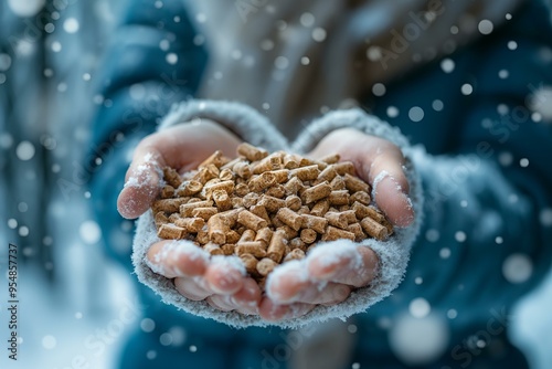 Woman in green jacket holding wood pellets in winter snow, sustainable heating solution photo