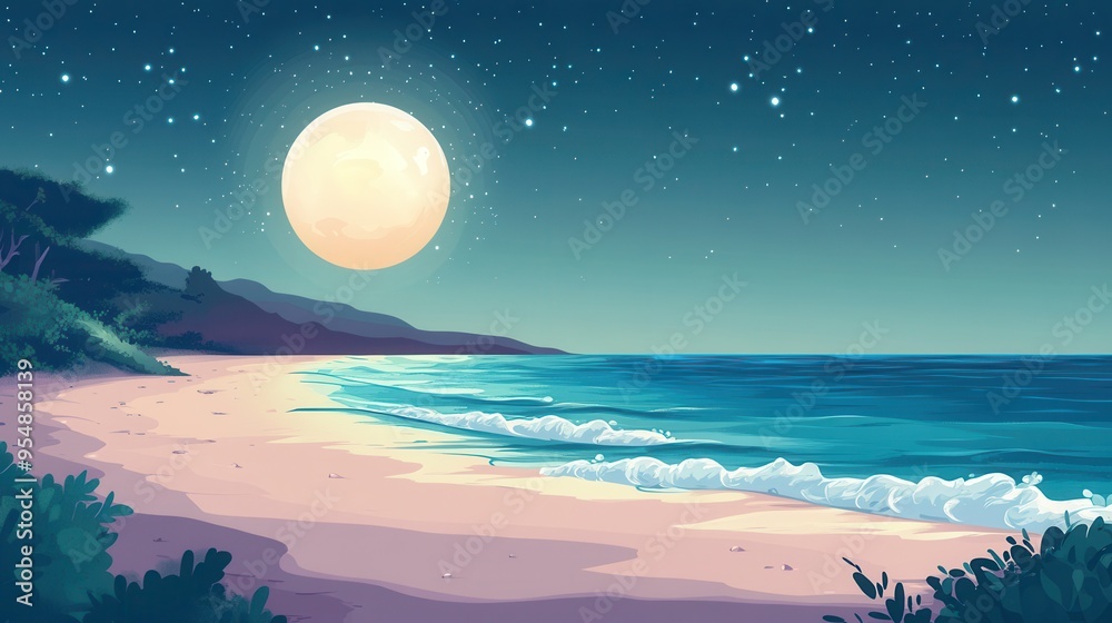 Nighttime Beach Scene with Full Moon and Starry Sky - Digital Illustration. Nighttime Beach Scene with Full Moon and Starry Sky - Digital Illustration.