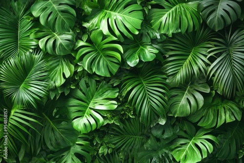 Creative nature wall background, tropical leaf banner or floral jungle pattern concept. ith generative ai