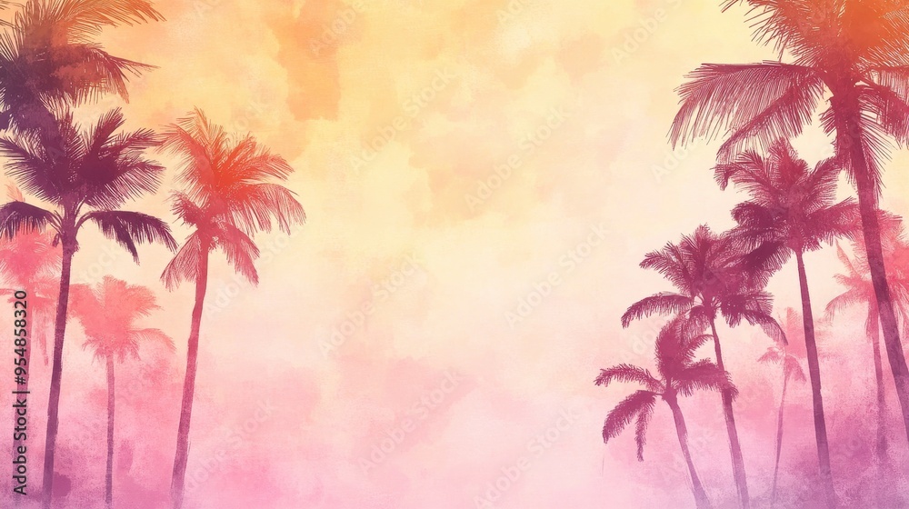 Fototapeta premium Watercolor Palm Tree Silhouette Background with Pink and Orange Gradient