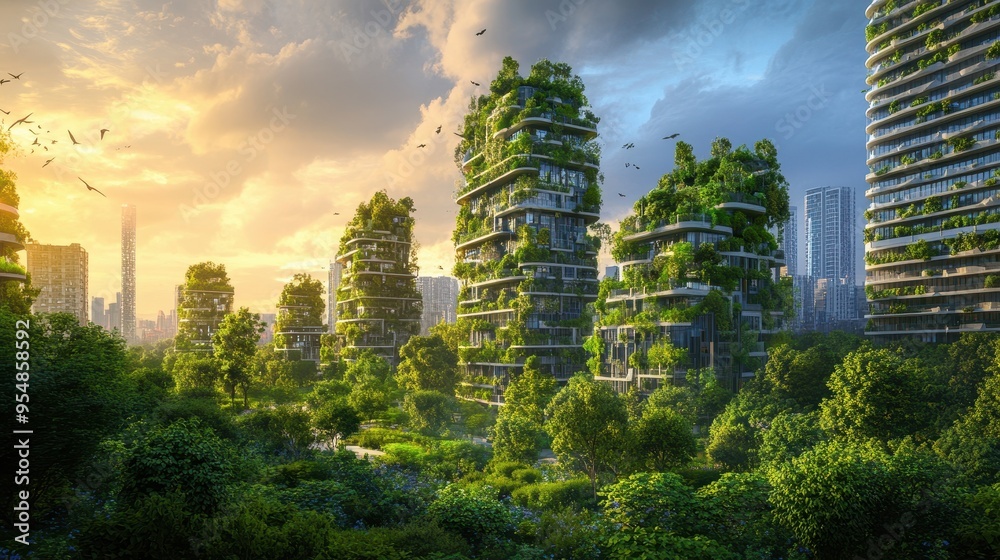 Fototapeta premium Futuristic Vertical Forest Cityscape at Sunset