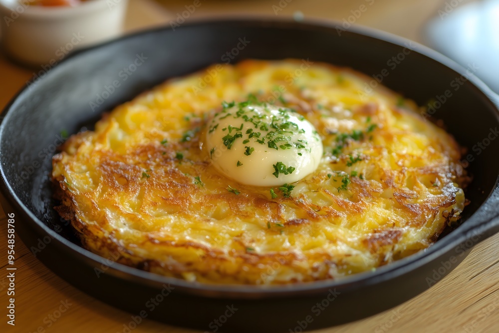 A homemade rösti topped with a poached egg A homemade rösti topped with a poached egg