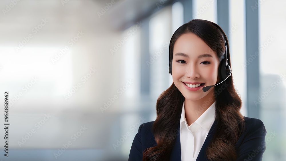 Young Asian business lady, on call. Dispatcher girl, smiling Korean girl. Young Asian business lady, on call. Dispatcher girl, smiling Korean girl.