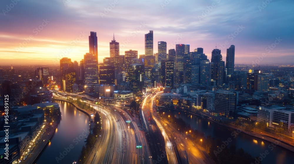 Fototapeta premium a dramatic aerial shot of a cityscape at night, with lights twinkling across the skyline and traffic moving along busy streets, highlighting the energy of the city