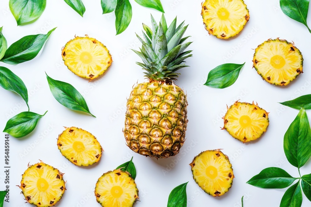 A vibrant display of a whole pineapple with several slices and green leaves scattered around A vibrant display of a whole pineapple with several slices and green leaves scattered around