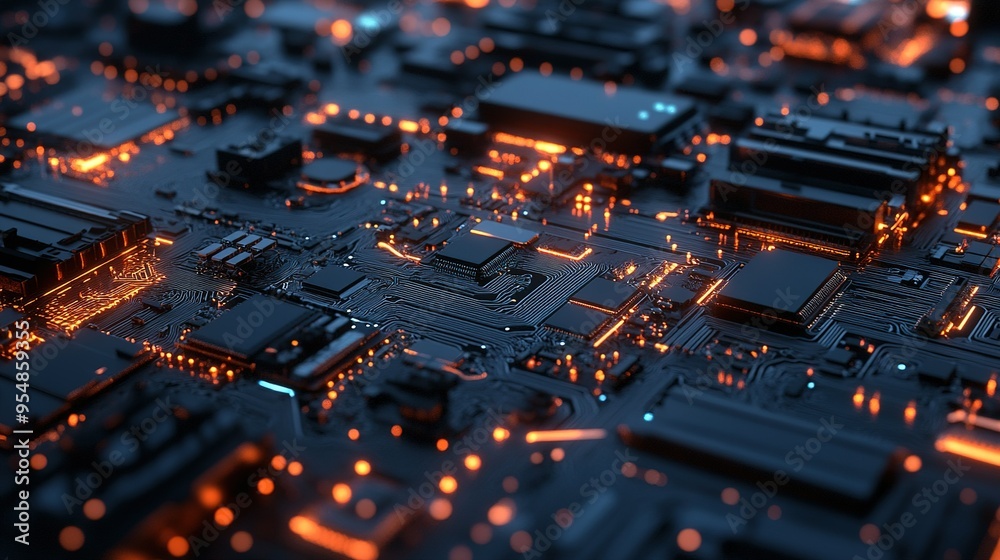 Illuminated circuit board with intricate patterns glowing in dark, showcasing advanced technology and modern electronics design at night Illuminated circuit board with intricate patterns glowing in dark, showcasing advanced technology and modern electronics design at night