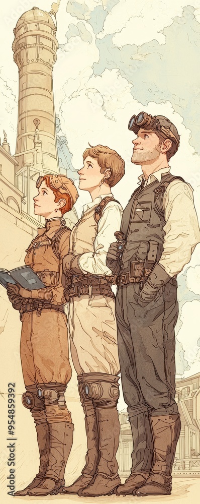 Fototapeta premium Three adventurers stand together, gazing into the distance with a sense of wonder, dressed in vintage attire.