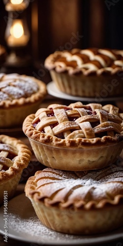 Freshly baked pastries and pies are arranged attractively on a table in a warm bakery. Their golden brown crusts feature beautifully crafted designs topped with a dusting of sugar. Generative AI