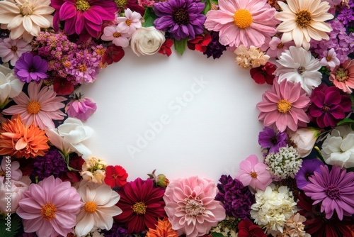Wallpaper Mural A vibrant floral frame made up of a variety of colorful flowers surrounding a blank white card Torontodigital.ca