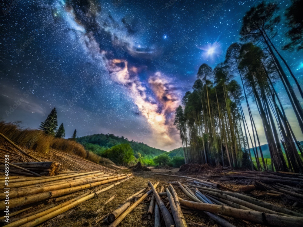 Naklejka premium Bamboo overharvesting deforestation at night, under a starry sky, with the faint outlines of felled trees silhouetted against the darkness, emphasizing the quiet, eerie beauty of devastation.
