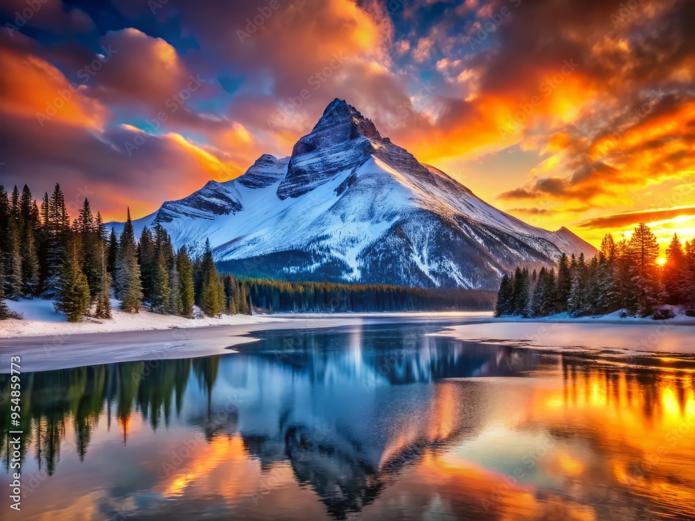 A snow-covered mountain rises up, its peak ablaze with the vibrant colors of the sunset, as the frozen lake glimmers in the foreground. A snow-covered mountain rises up, its peak ablaze with the vibrant colors of the sunset, as the frozen lake glimmers in the foreground.