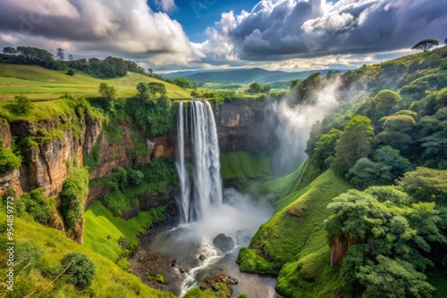 Sipisopiso in June a wide-angle shot of the waterfall, capturing its misty veil and surrounding landscape photo