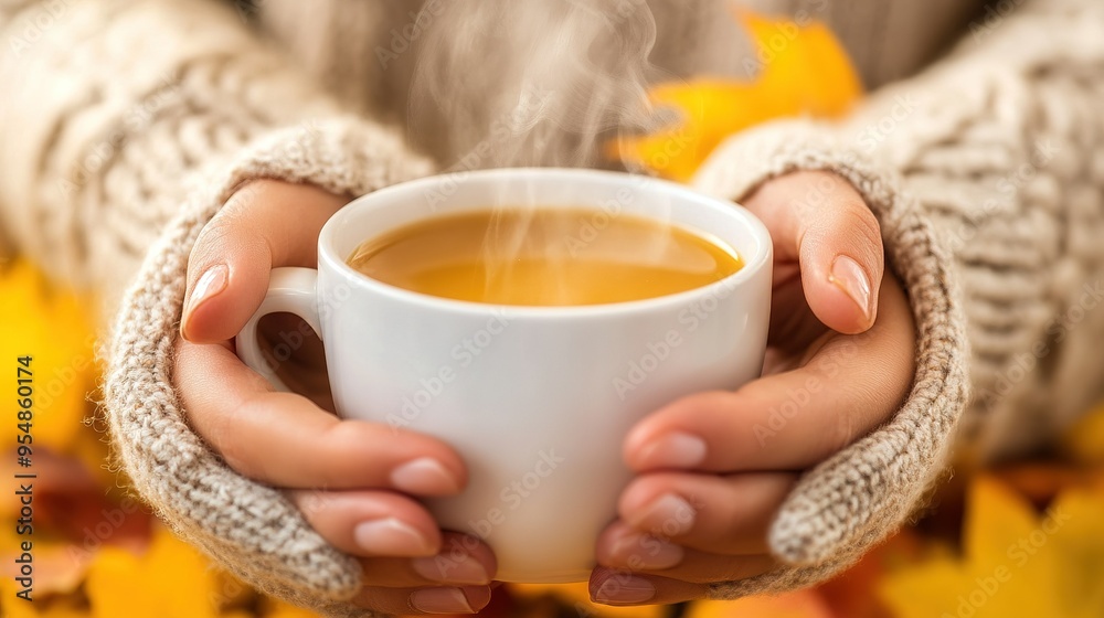 Warm cup of tea held between cozy hands amidst colorful autumn leaves in a peaceful outdoor setting during fall Warm cup of tea held between cozy hands amidst colorful autumn leaves in a peaceful outdoor setting during fall