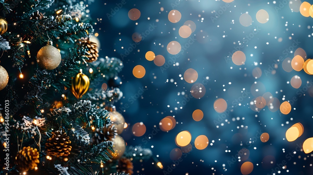 A Christmas tree adorned with golden and silver ornaments stands against a dark blue background, with snowflakes gently falling and bokeh lights A Christmas tree adorned with golden and silver ornaments stands against a dark blue background, with snowflakes gently falling and bokeh lights