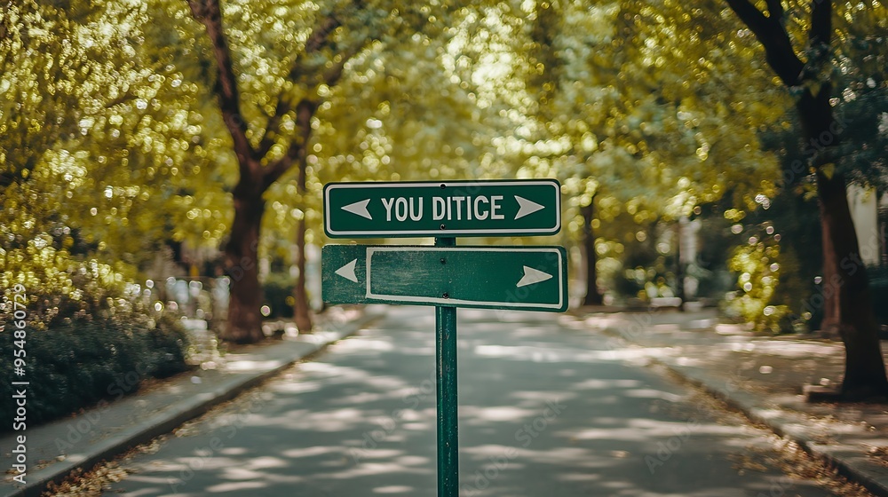 Green street signs with arrows pointing in opposite directions with the words you decide Green street signs with arrows pointing in opposite directions with the words you decide