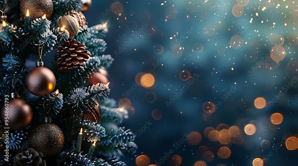 A Christmas tree adorned with golden bokeh lights and decorations against a dark blue background, serving as a banner for the holiday season concept. A Christmas tree adorned with golden bokeh lights and decorations against a dark blue background, serving as a banner for the holiday season concept.