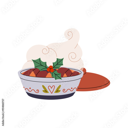 Mincemeat or fruit mince pie with decor of mistletoe. Traditional English food for Christmas season. Tasty Xmas dessert. Home holiday bakery. Flat isolated vector illustration on white background