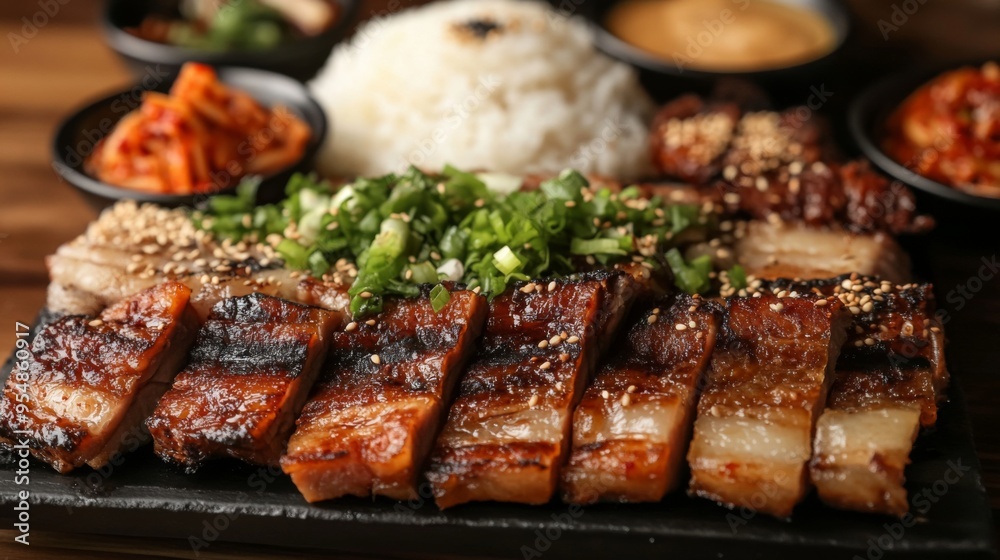 A barbecue platter piled high with grilled pork belly, served with a side of spicy kimchi and steamed rice, creating a delicious Korean-inspired meal. A barbecue platter piled high with grilled pork belly, served with a side of spicy kimchi and steamed rice, creating a delicious Korean-inspired meal.