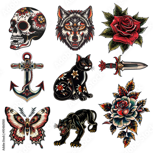 PNG old school tattoo element set, transparent background
