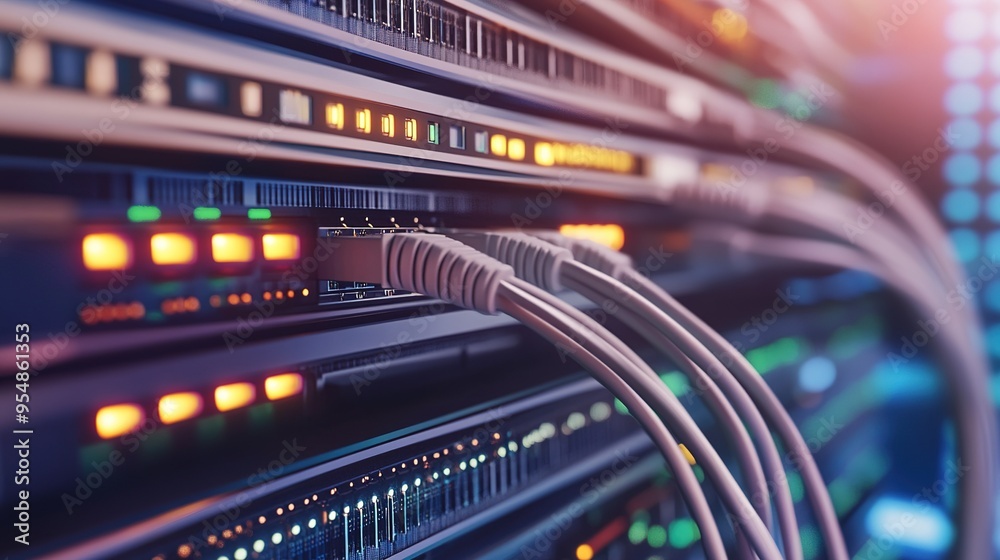 Networking equipment with cables connected, illuminating brightly in a data center during late evening hours Networking equipment with cables connected, illuminating brightly in a data center during late evening hours