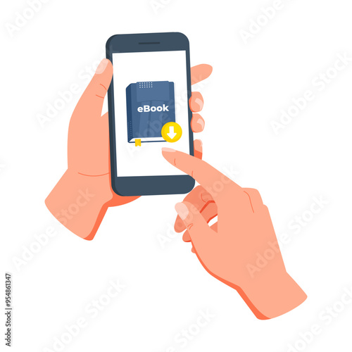 Hands are holding smartphone and finger is pressing download button on ebook cover, downloading electronic book from online store