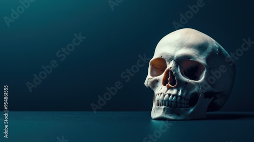 a skull placed on a dark background, a dramatic and mysterious atmosphere