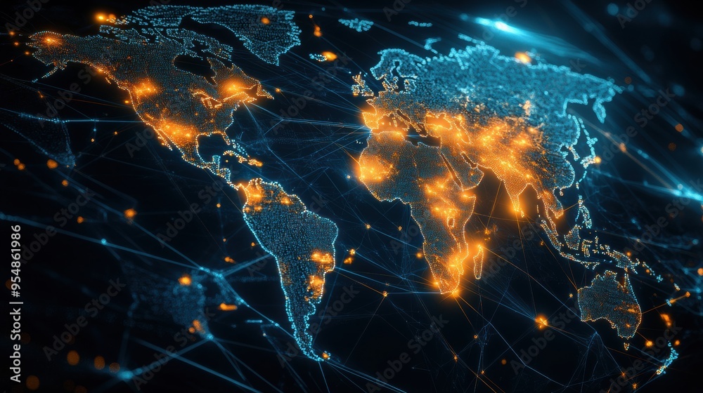 a world network visualization, with glowing dots representing major cities and trade routes