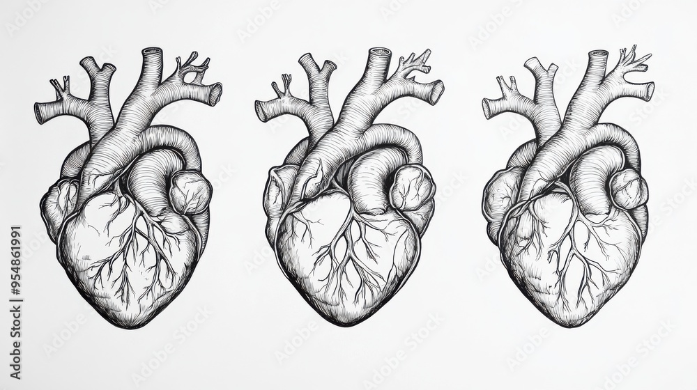 Detailed Black and White Outline of a Human Heart with Anatomical ...