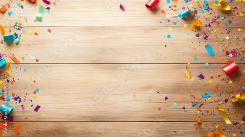 a wooden surface with confetti scattered across it, capturing a festive and celebratory mood