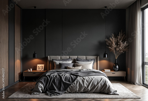 Concept photo of minimalist dark bedroom interior