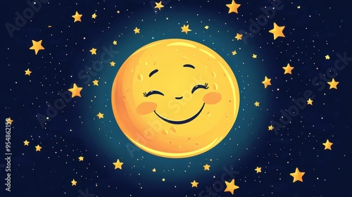 Smiling Moon with Stars - Cartoon Illustration for Children's Books, Night Sky, Dreamy, Fantasy, Nighttime.