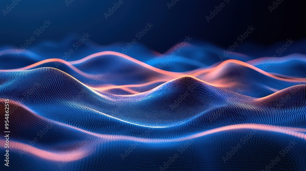 Obraz premium Abstract Blue and Orange Wavy Background with Digital Particles