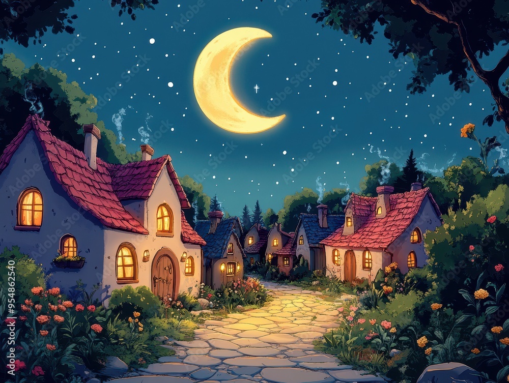 Enchanted Nighttime Village with Crescent Moon and Cobblestone Path Enchanted Nighttime Village with Crescent Moon and Cobblestone Path