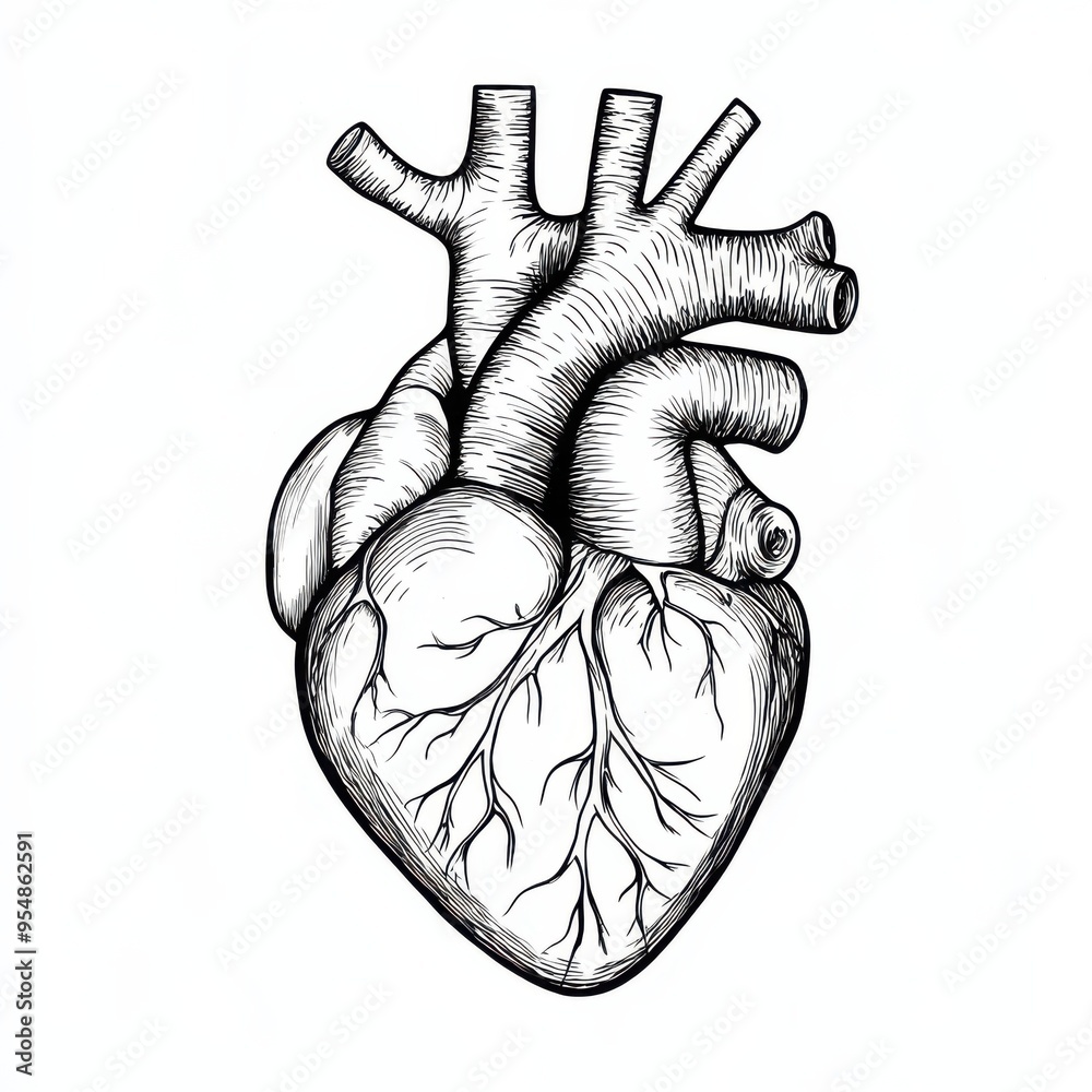 Detailed Black and White Outline of a Human Heart with Anatomical ...
